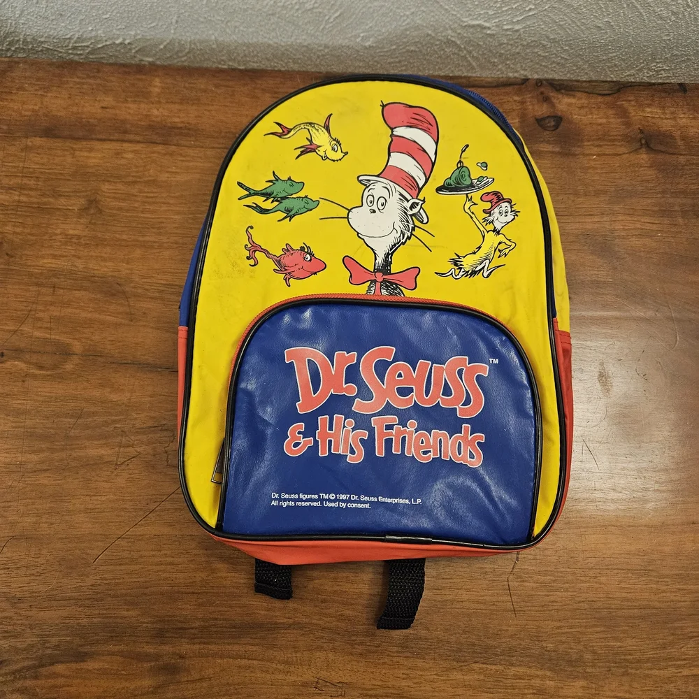 Vintage 1997 Dr Seuss Cat In The Hat Backpack Bag Colorblock‎ Small One Fish Two